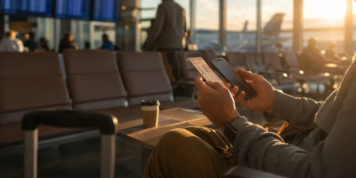 Resenär med smartphone och boardingkort på flygplats, kvällsljus genom terminalfönster