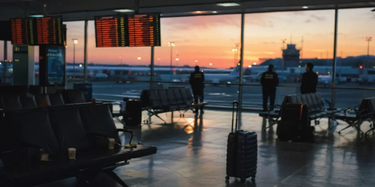 Tom avgångshall på flygplats med inställda flyg och säkerhetspersonal i bakgrunden