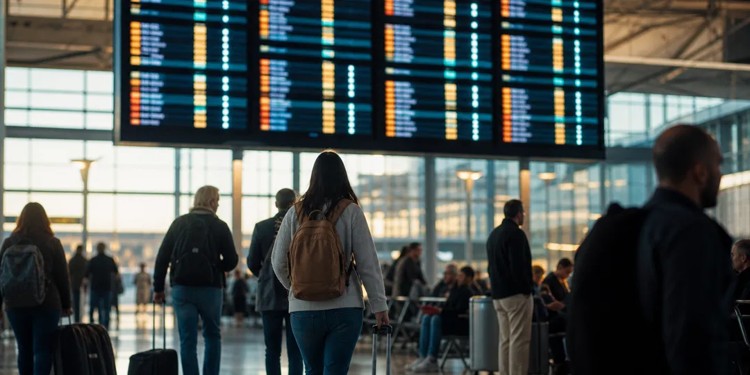 Flygplatsavgångshall med resenärer och informationstavlor