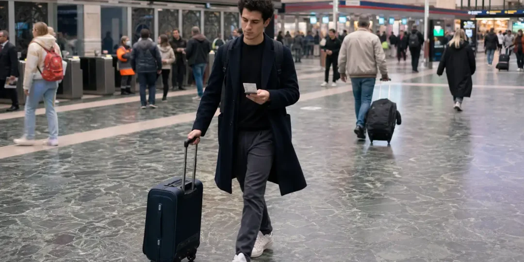 Resande person på tjänsteresa går genom en travelbusig tågstation med resväska och biljett i handen.