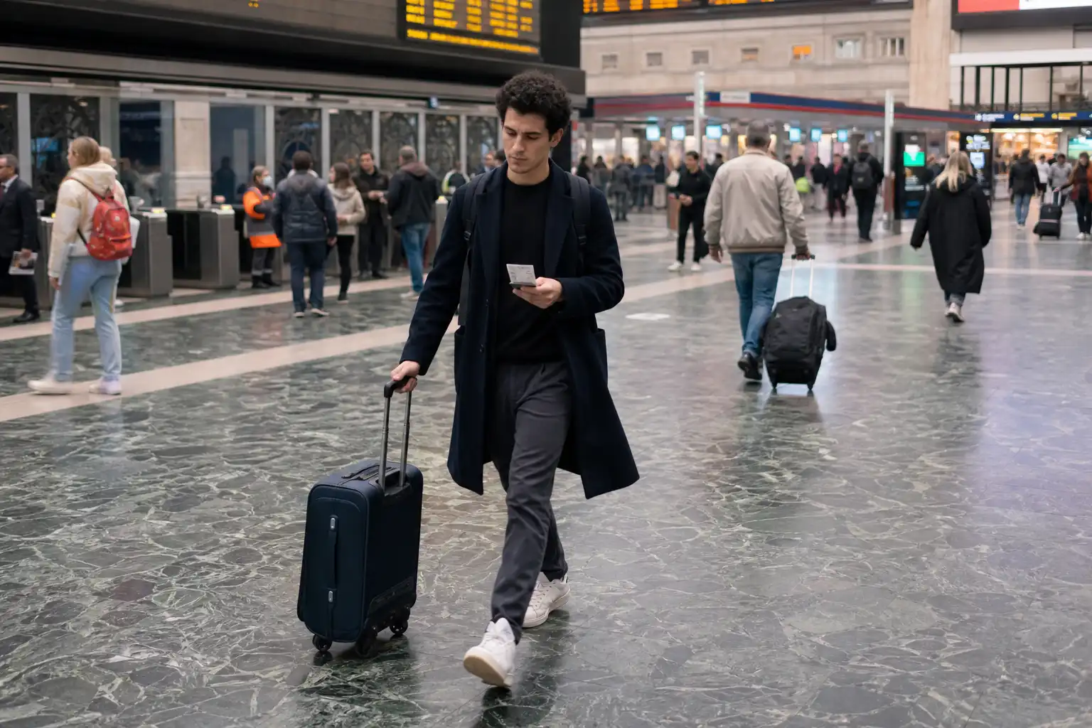 Resande person på tjänsteresa går genom en travelbusig tågstation med resväska och biljett i handen.
