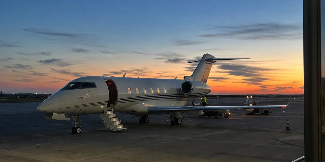 Privatjet med nedfälld trappa i skymning, charterflyg för casinogäster på flygplatsplattan