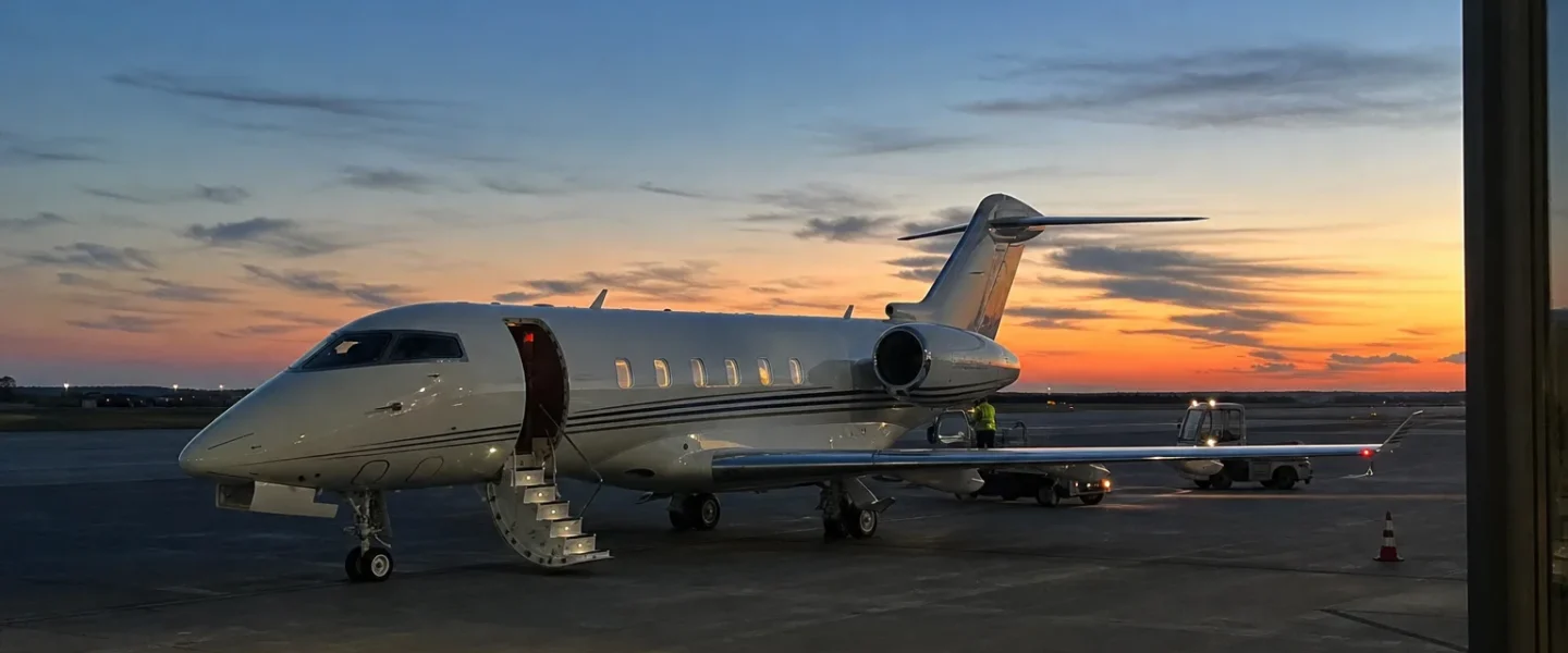 Privatjet med nedfälld trappa i skymning, charterflyg för casinogäster på flygplatsplattan